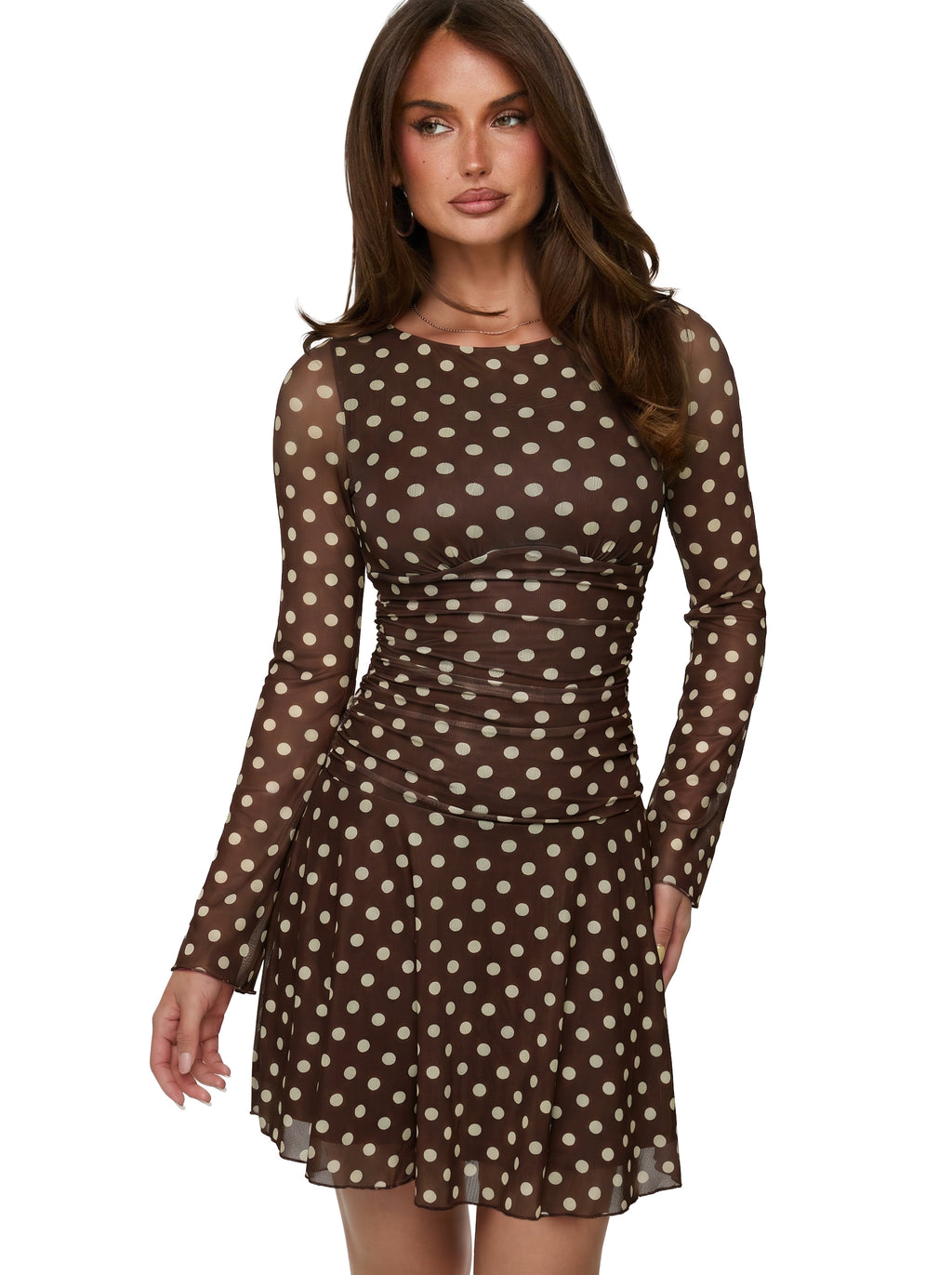 Women's Sheer Mesh Long Sleeve Mini Dress with Ruched Drop Waist