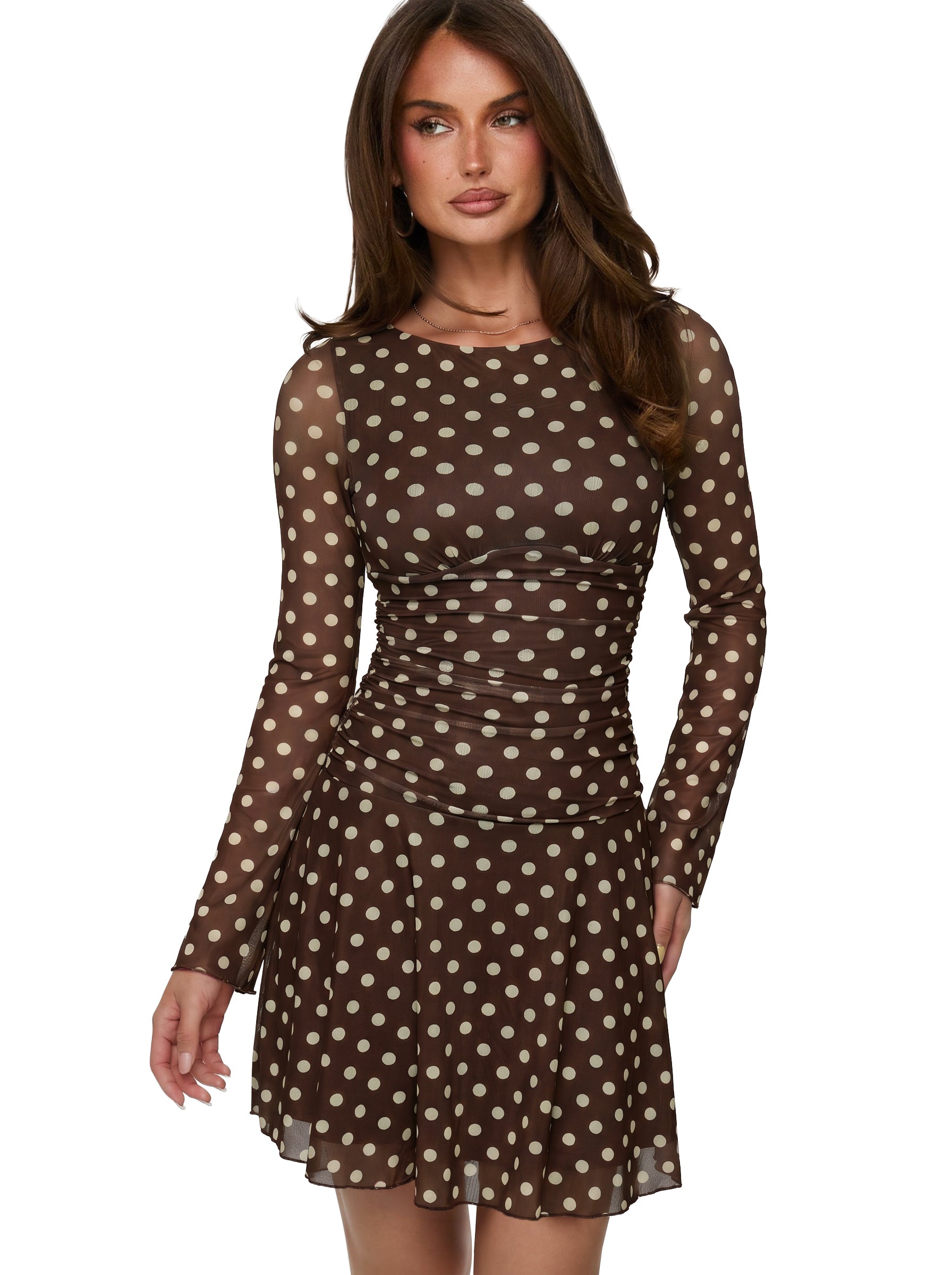 Women's Sheer Mesh Long Sleeve Mini Dress with Ruched Drop Waist