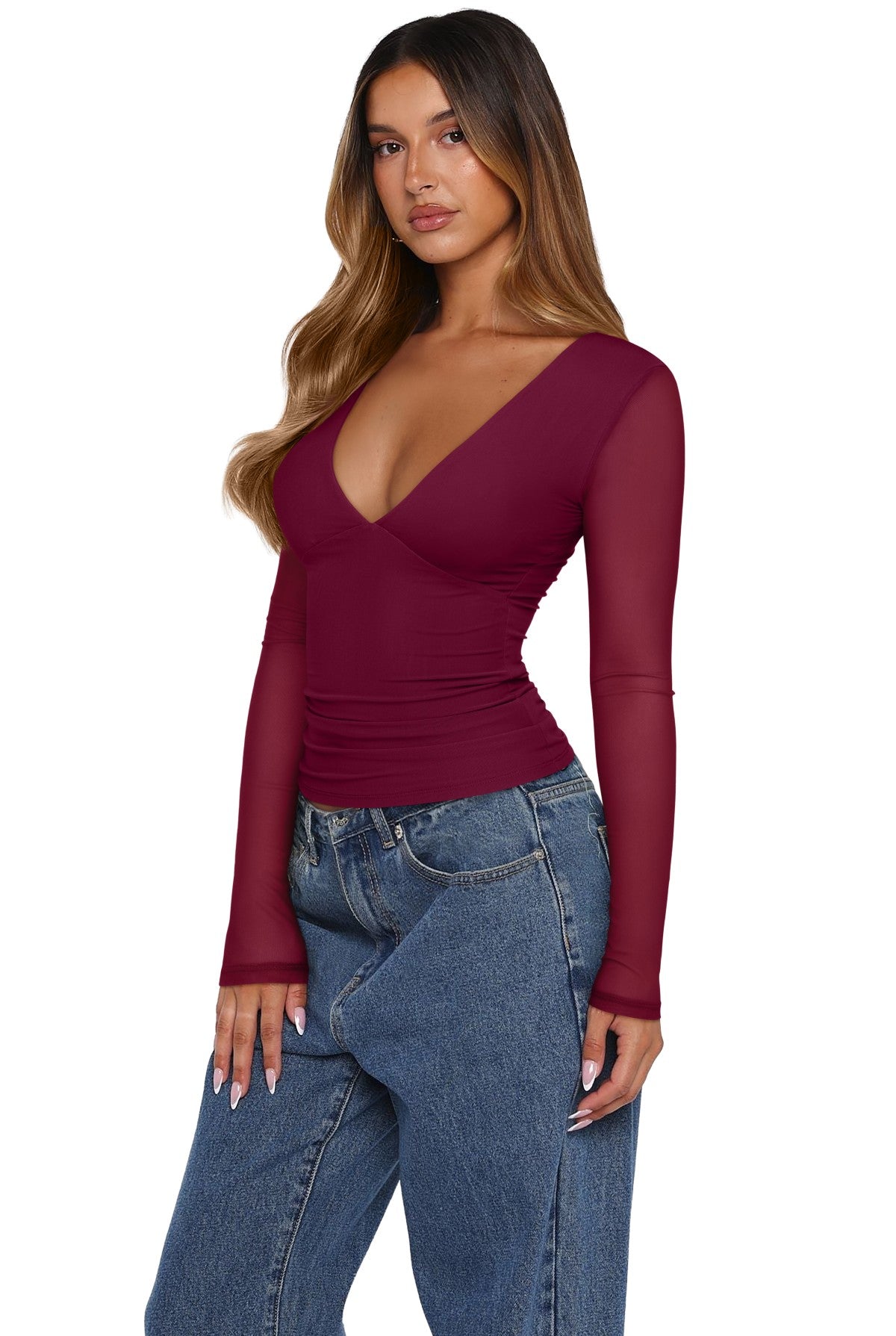 Long Sleeve Sheer Mesh V Neck Ruched Slim Fit Top