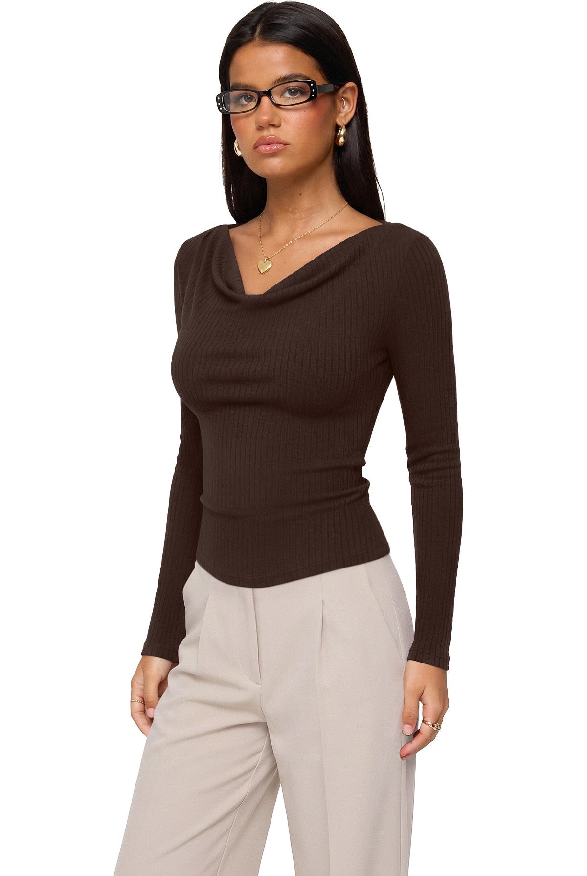 Cowl Neck Long Sleeve Slim Fit Casual Top