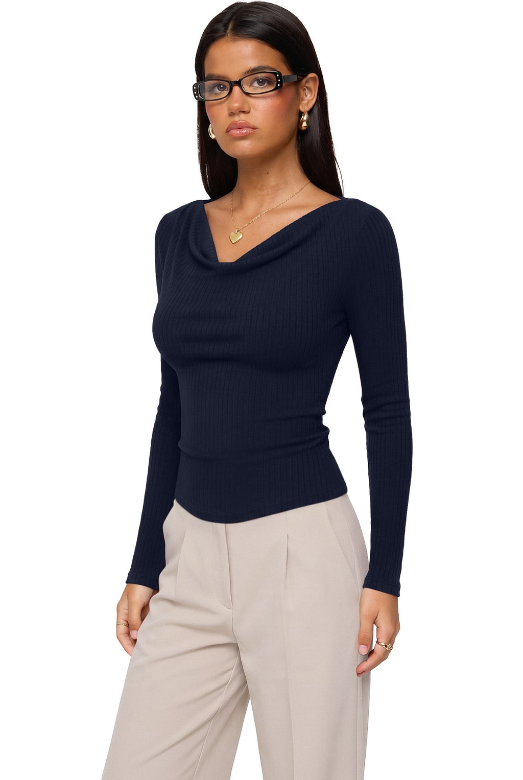 Cowl Neck Long Sleeve Slim Fit Casual Top