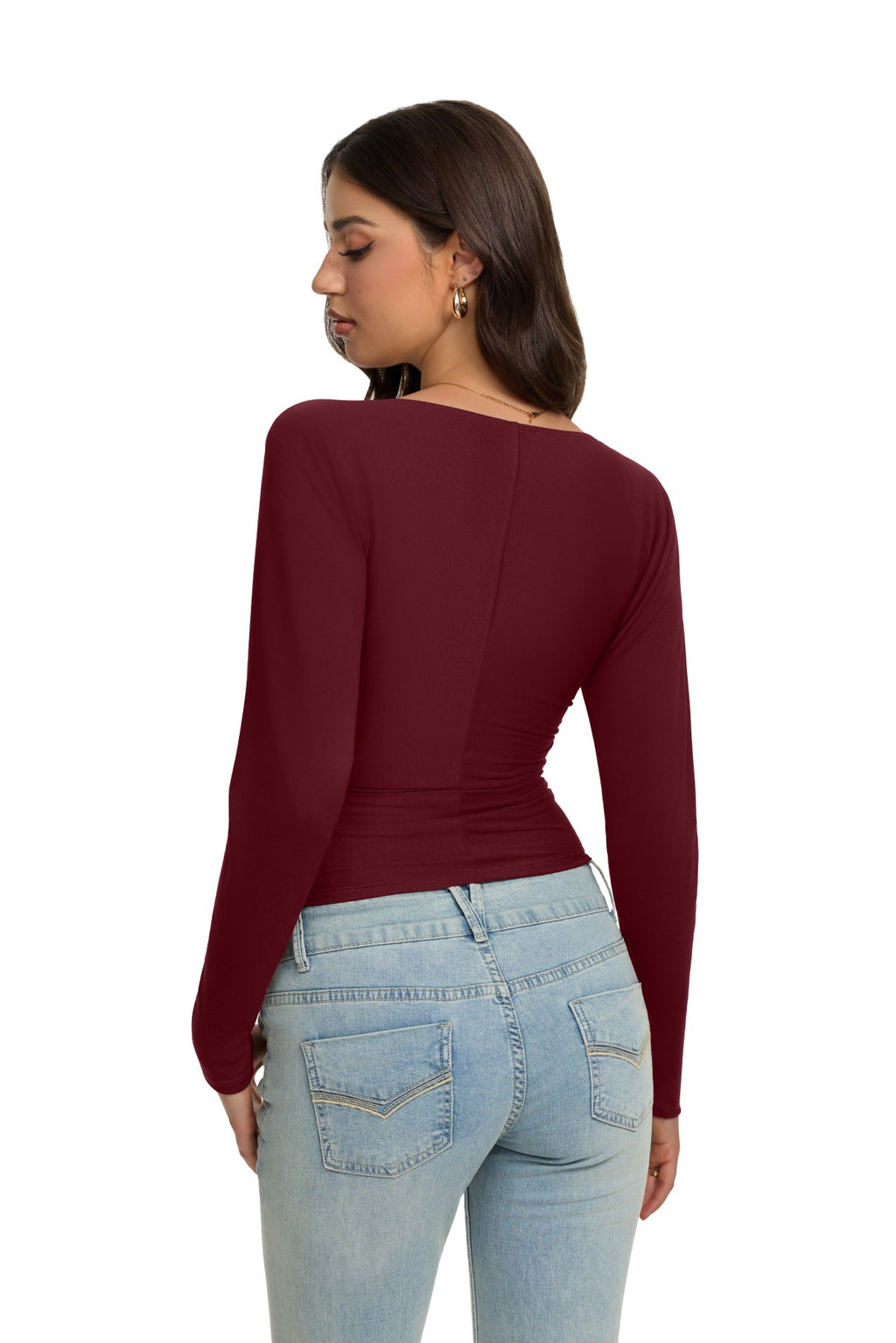 V Neck Ruched Batwing Sleeve Slim Fit Top