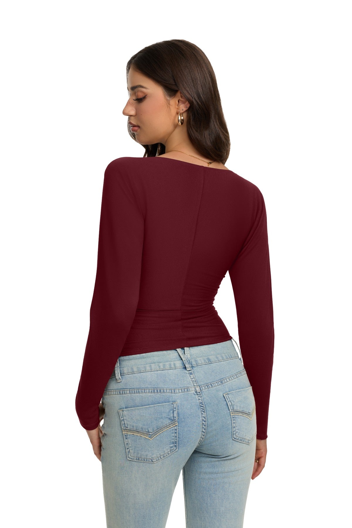 V Neck Ruched Batwing Sleeve Slim Fit Top
