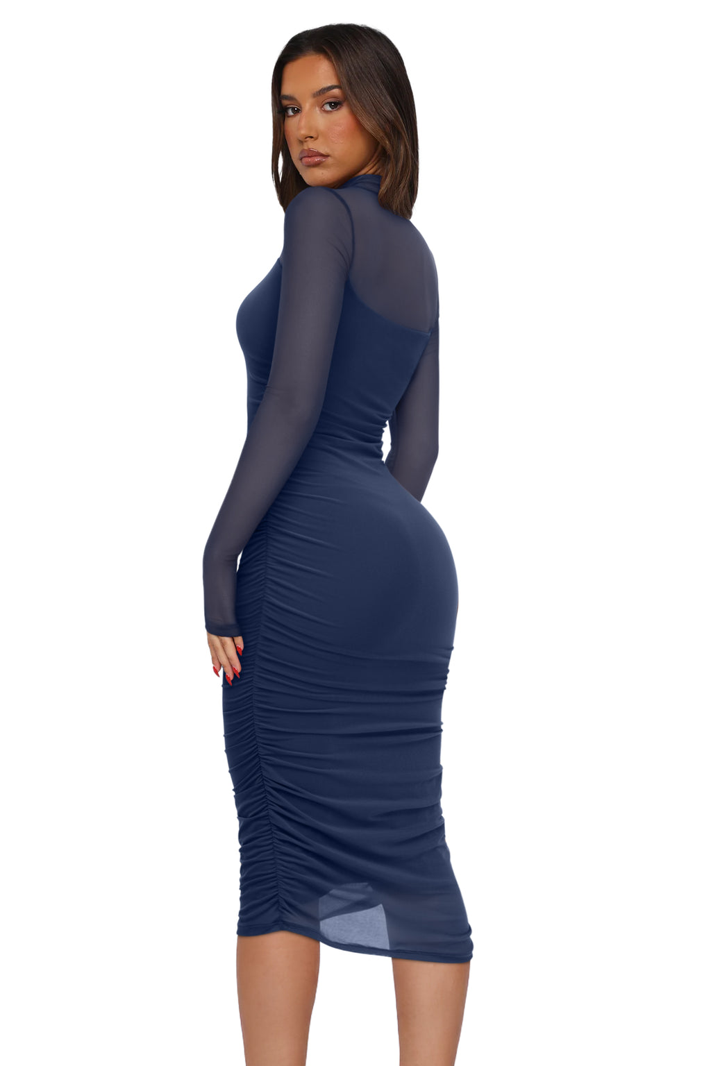Fall Mesh Long Sleeve Midi Ruched Bodycon Dress