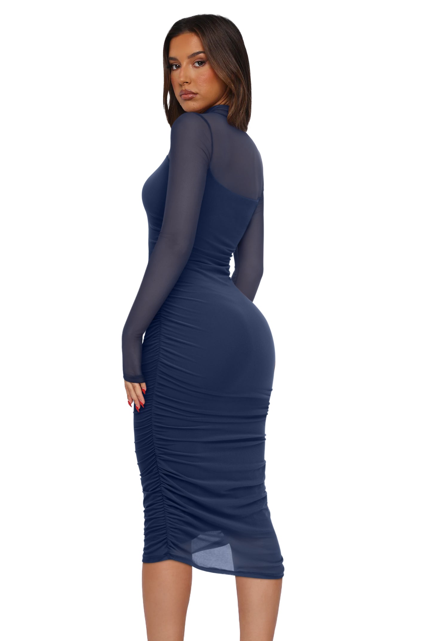 Fall Mesh Long Sleeve Midi Ruched Bodycon Dress