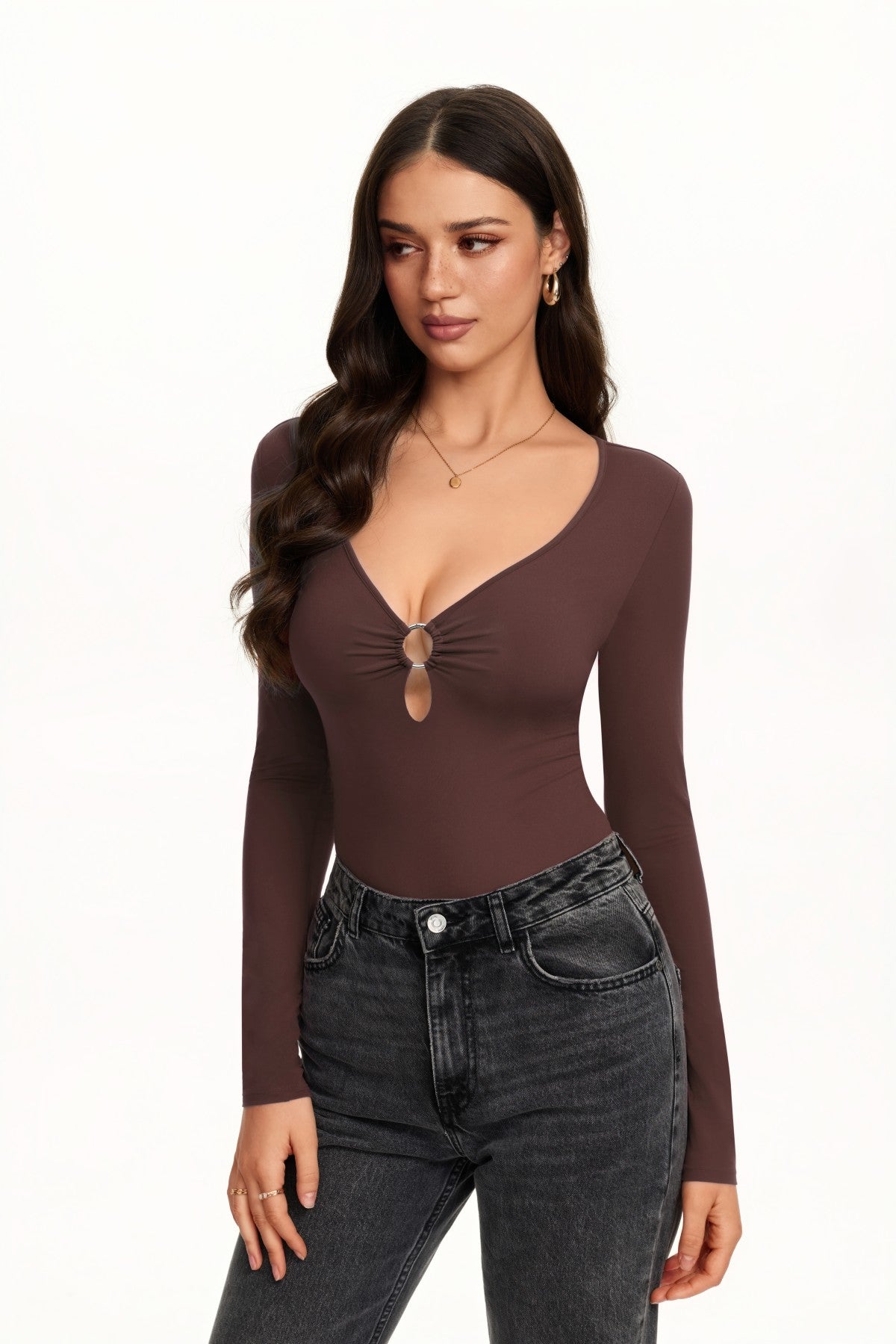 Deep V Neck Long Sleeve Cutout Bodysuit with O-Ring