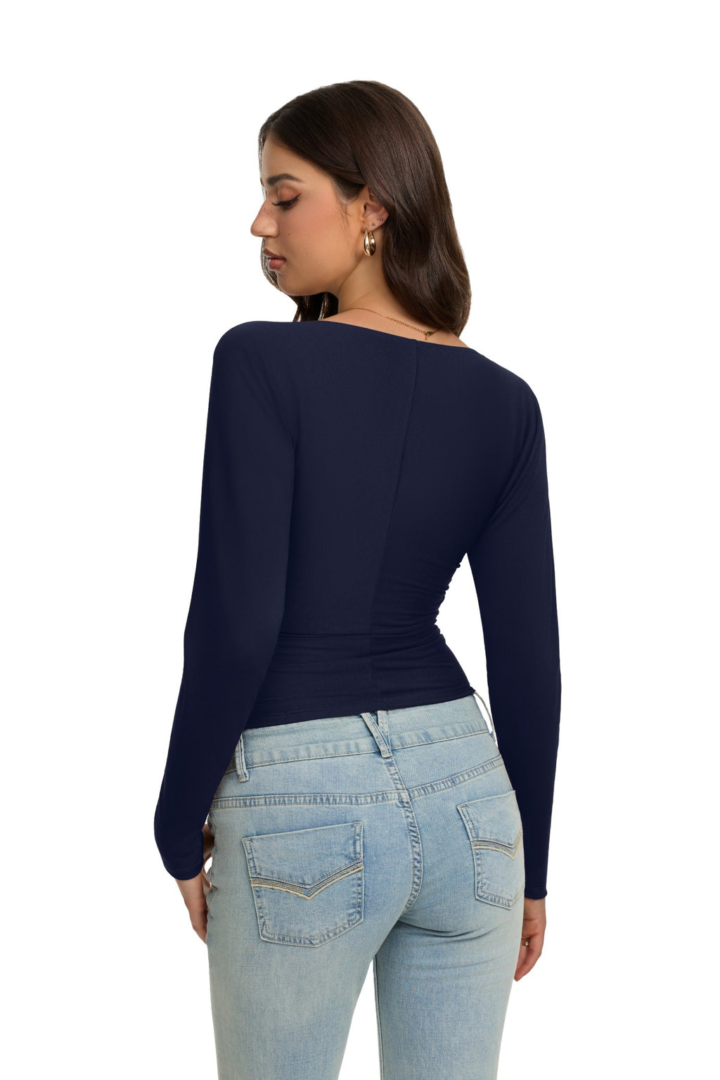 V Neck Ruched Batwing Sleeve Slim Fit Top