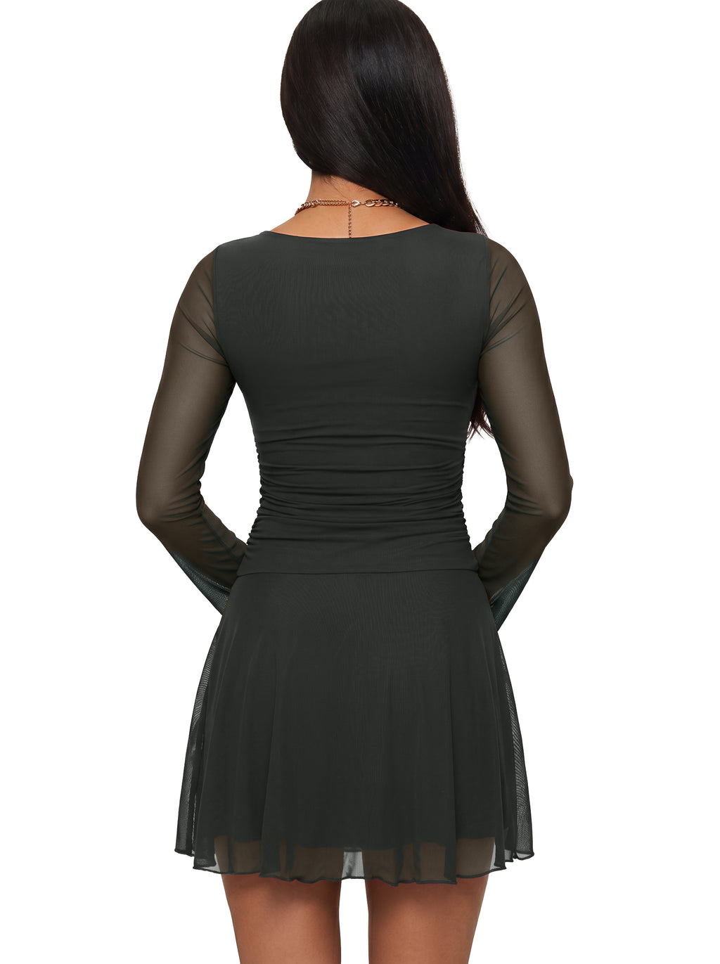 Women's Sheer Mesh Long Sleeve Mini Dress with Ruched Drop Waist
