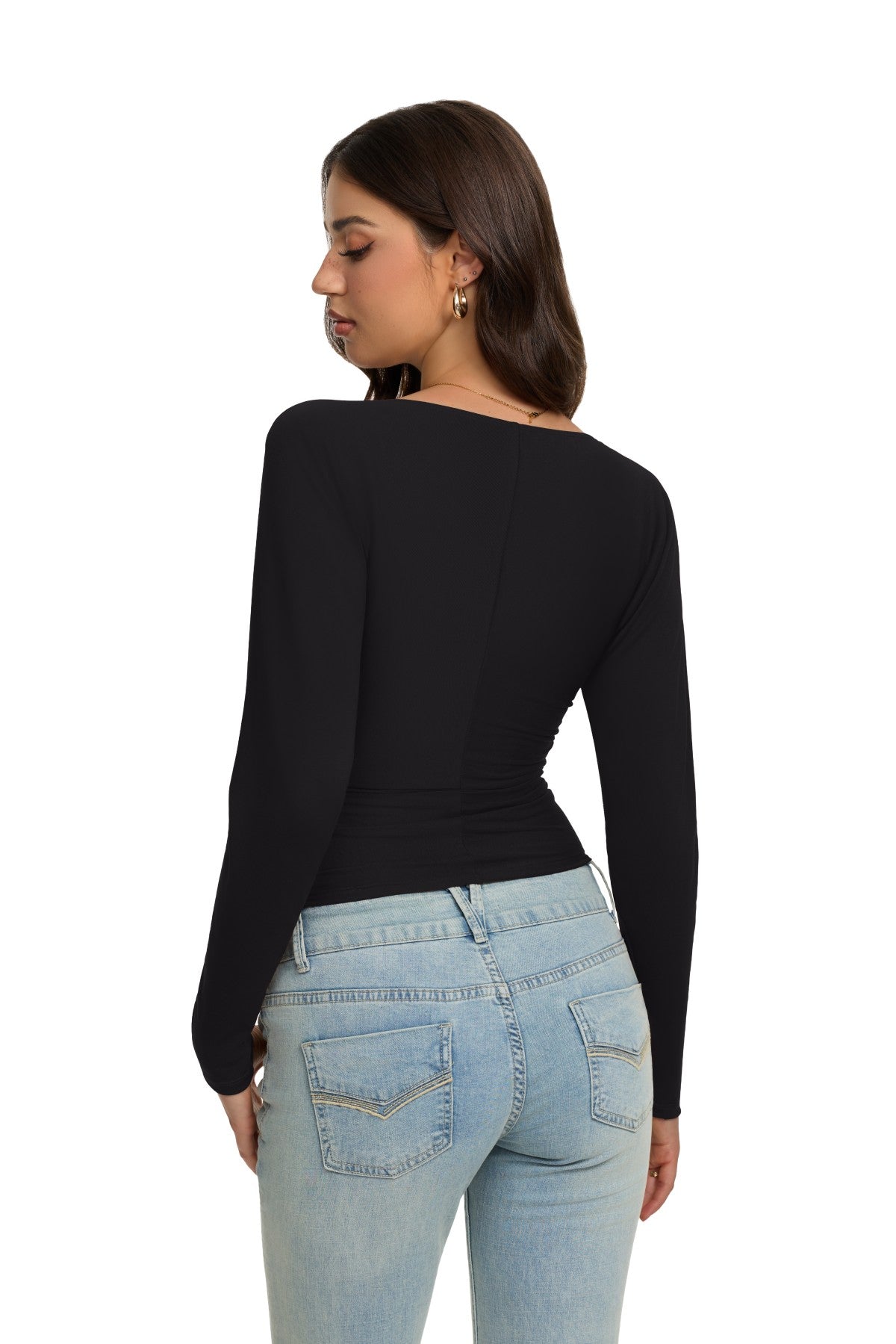 V Neck Ruched Batwing Sleeve Slim Fit Top