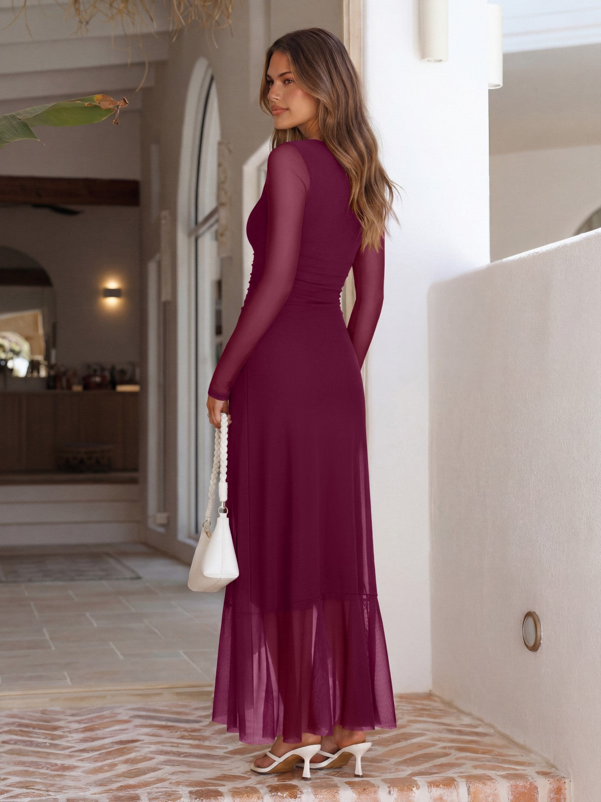 Square Neck Wedding Guest Maxi Dress | Ruched Mesh Sleeve Formal Dress