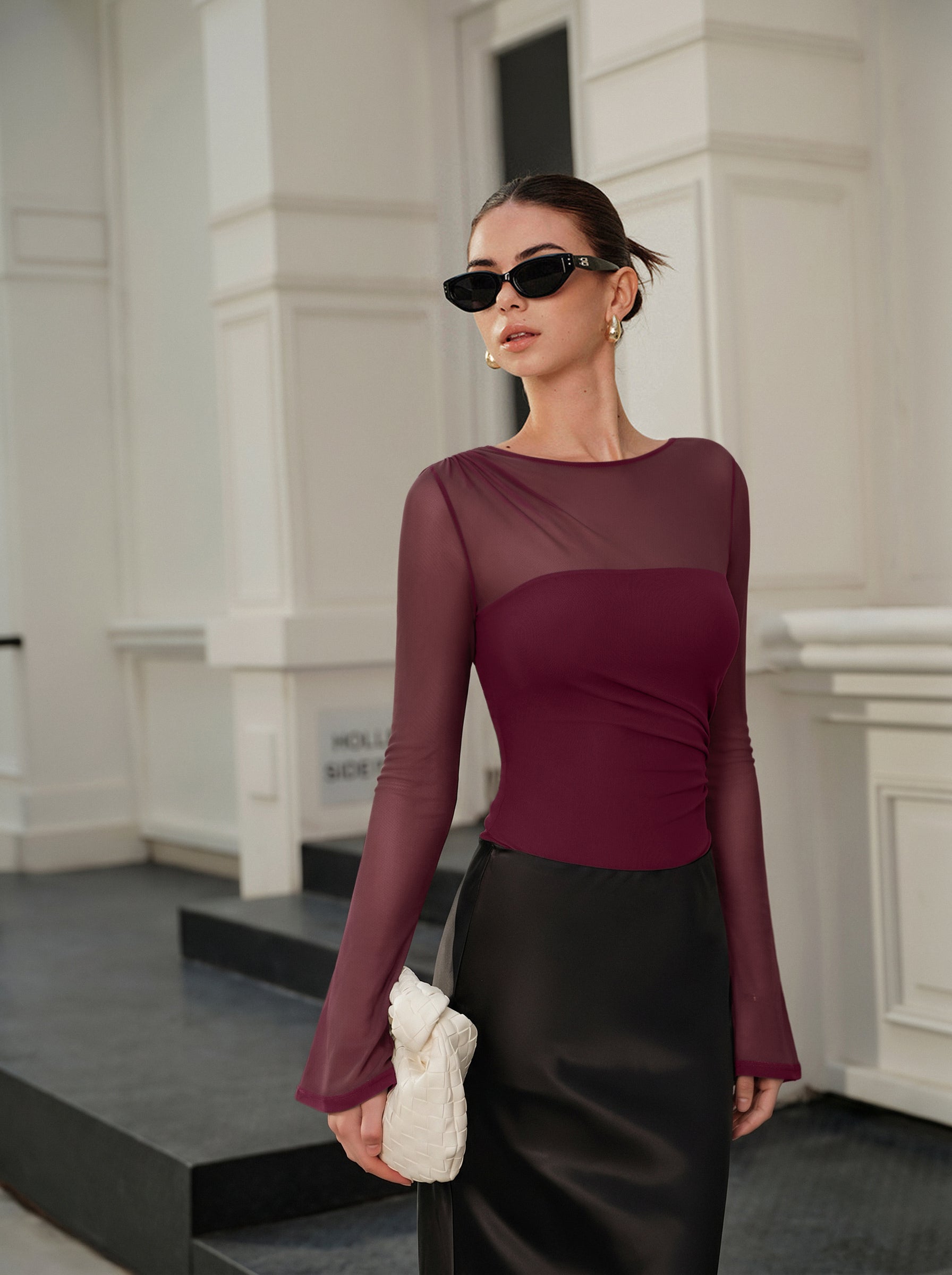 Long Sleeve Boat Neck Sheer Mesh Bodysuit