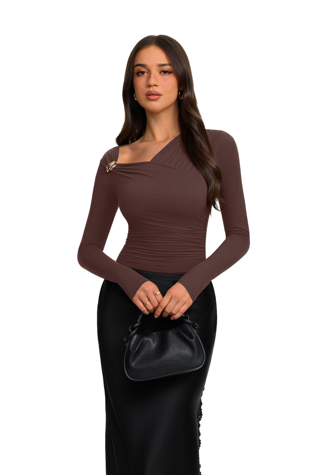 Asymmetrical Ruched Wrap Top with Gold Buckle