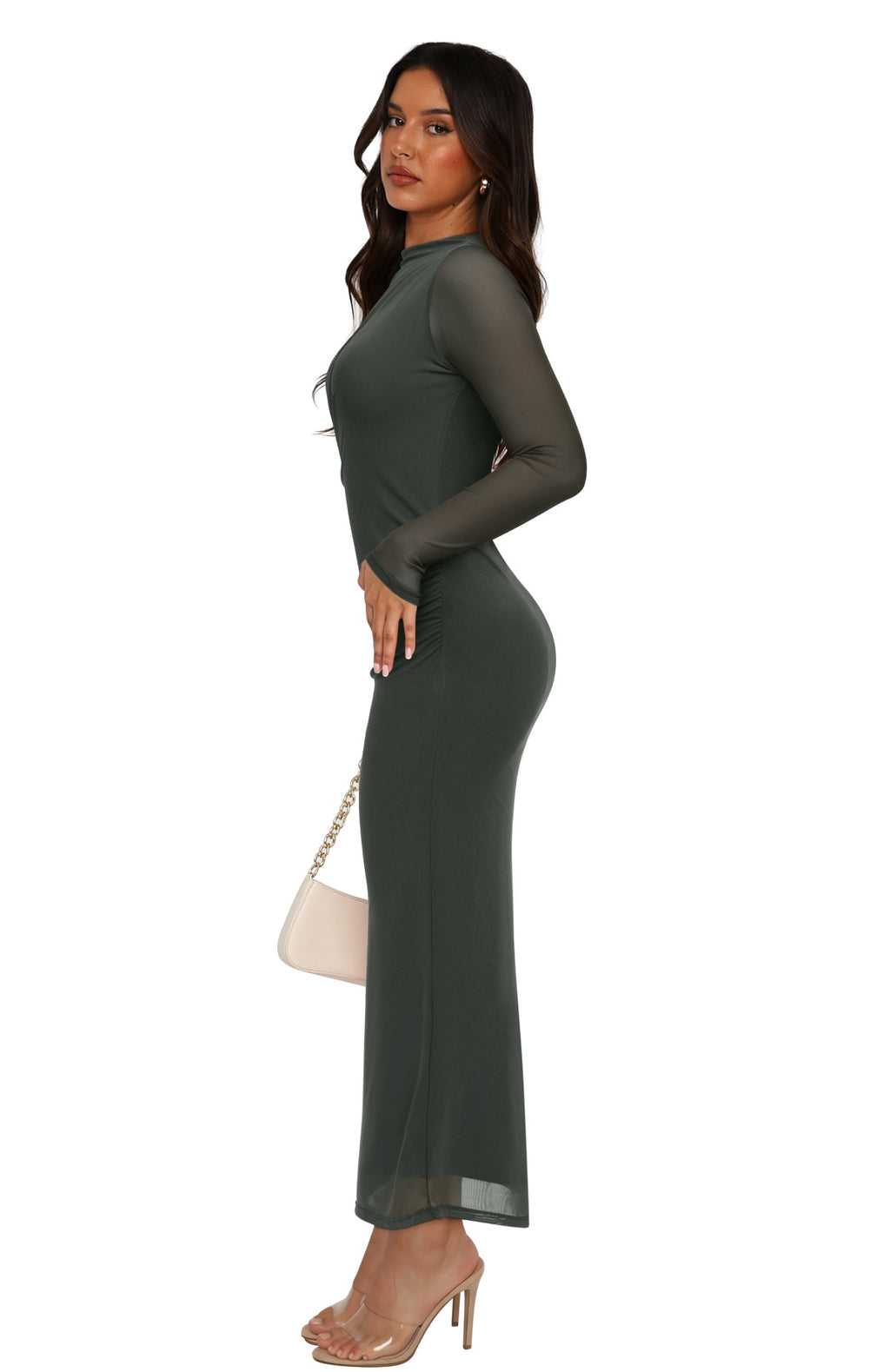 Mock Neck Sheer Mesh Slim Fit Ruched Maxi Dresses