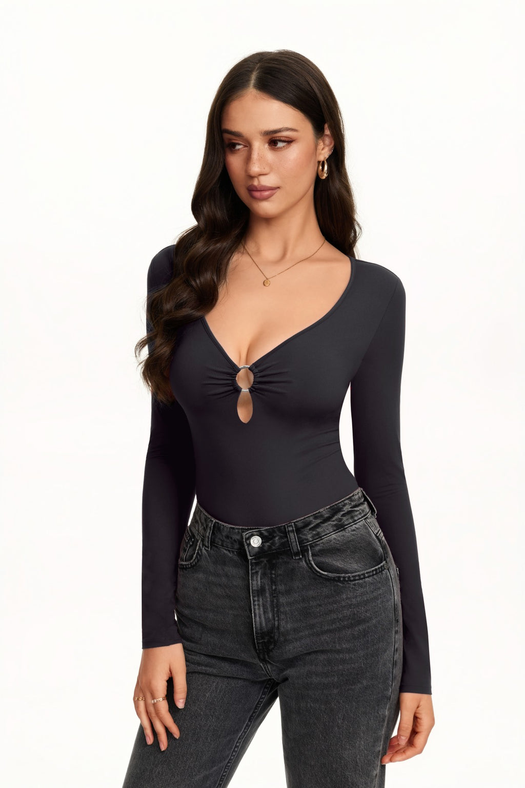 Deep V Neck Long Sleeve Cutout Bodysuit with O-Ring