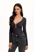 Deep V Neck Long Sleeve Cutout Bodysuit with O-Ring