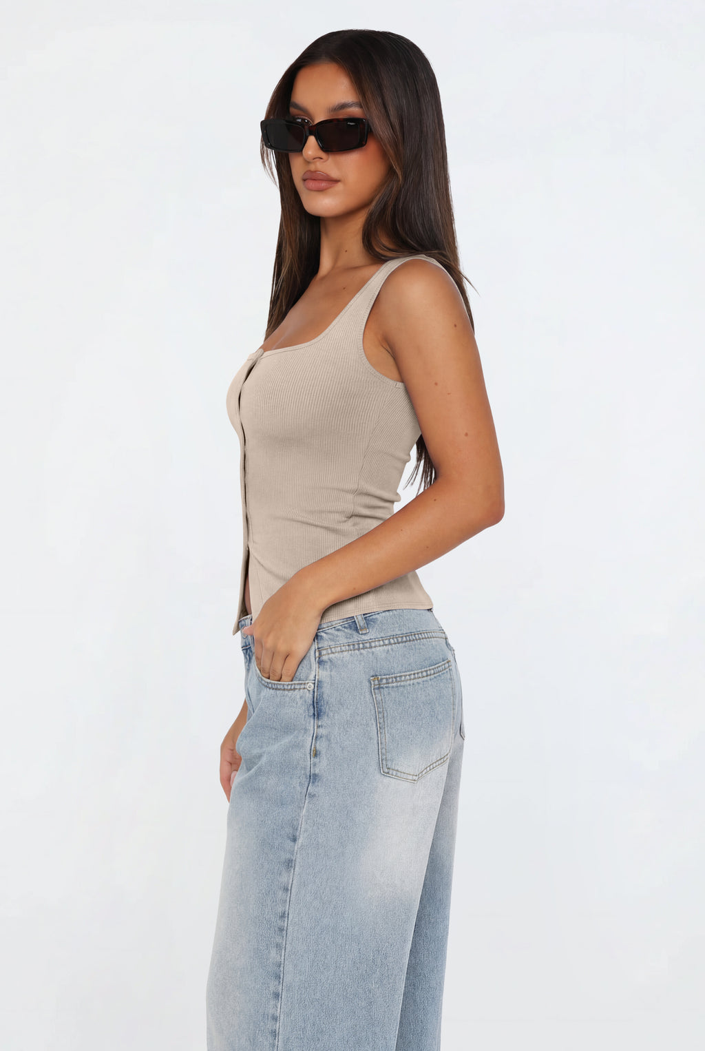 Cute Ribbed Button Down Square Neck Vest Tank Top