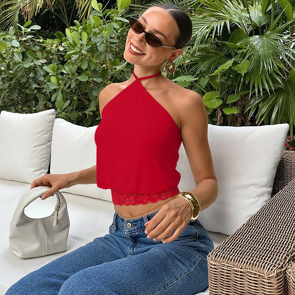 REORIA Backless Halter Lace Trim Crop Tank Top