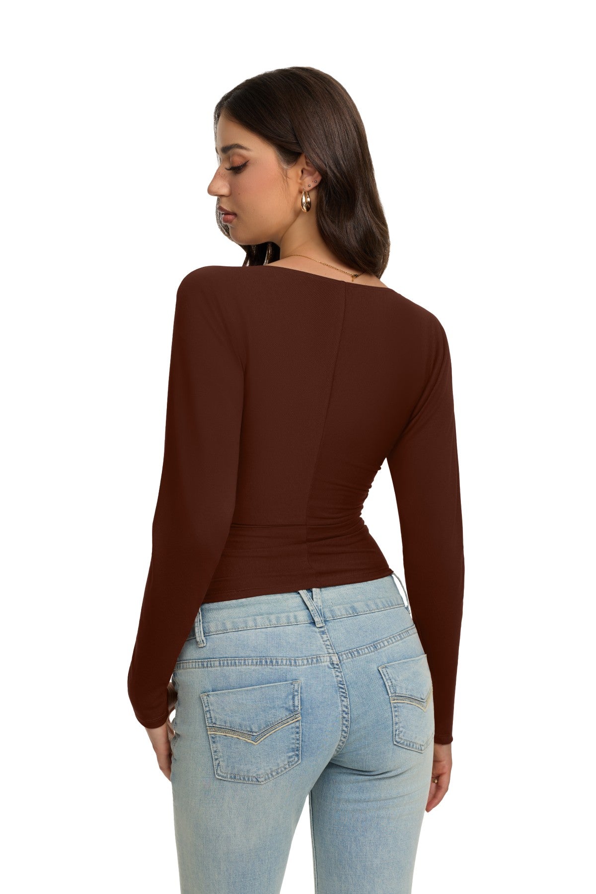 V Neck Ruched Batwing Sleeve Slim Fit Top