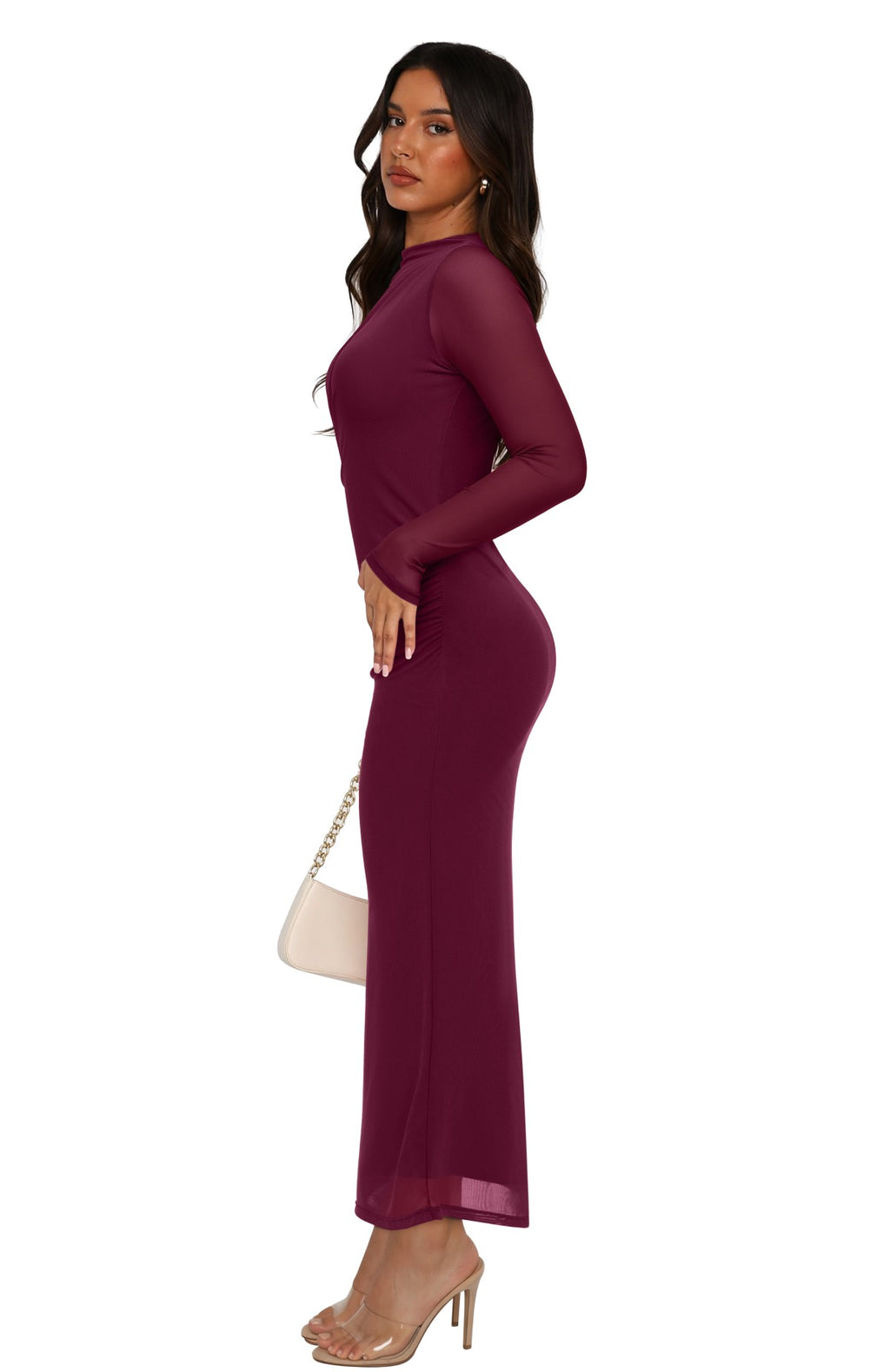Mock Neck Sheer Mesh Slim Fit Ruched Maxi Dresses