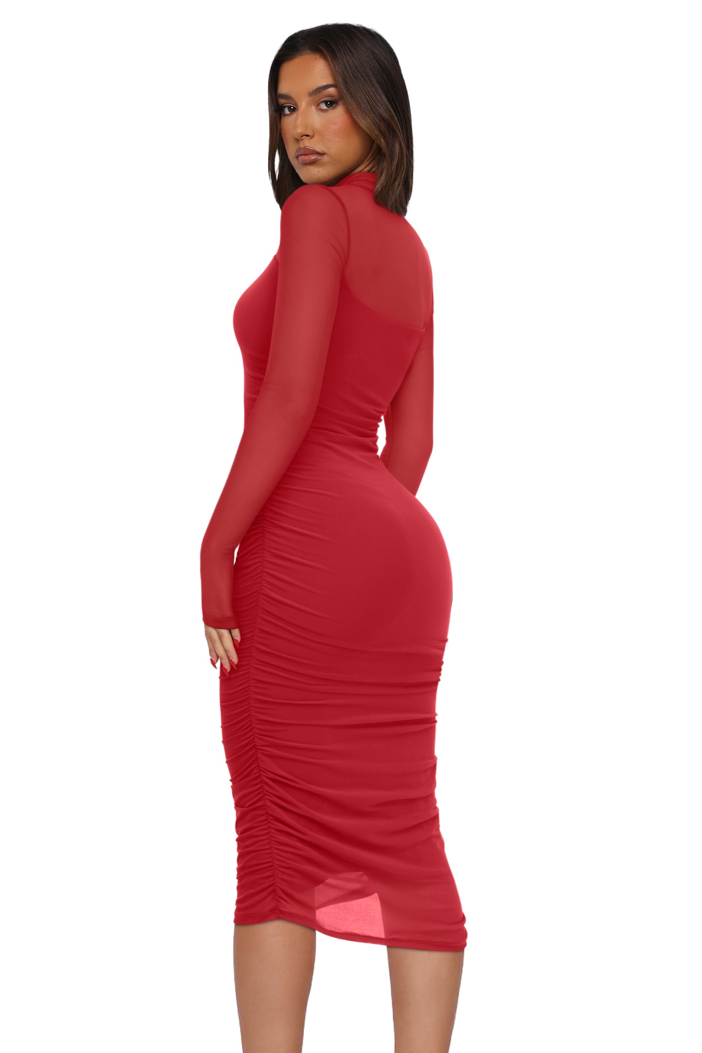 Fall Mesh Long Sleeve Midi Ruched Bodycon Dress