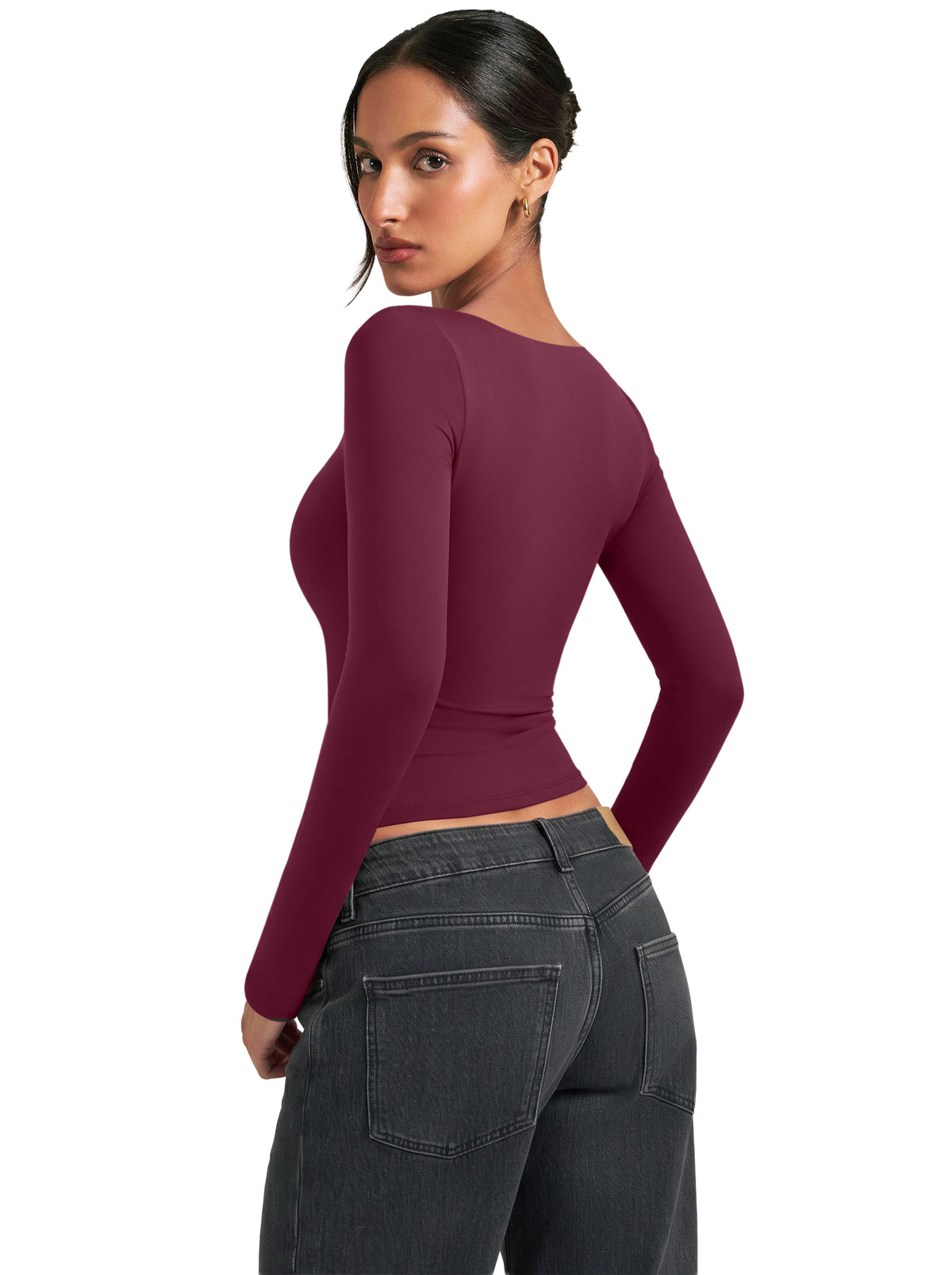 Women's Square Neck Double Lined Long Sleeve Slim Fit Top