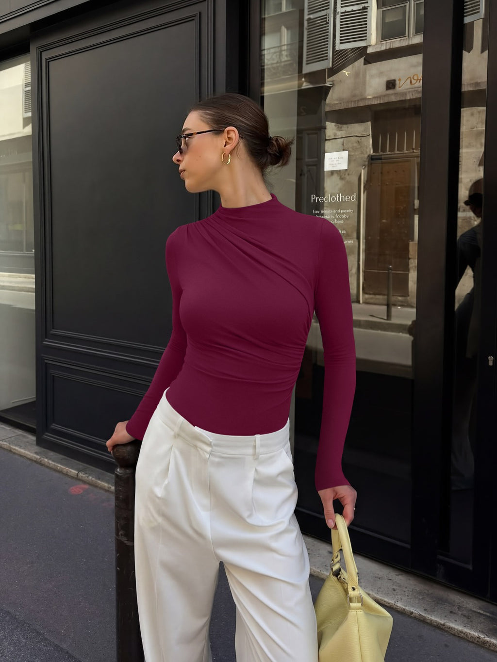 Ruched Basic Layering Mock Neck Slim Fit Bodysuit