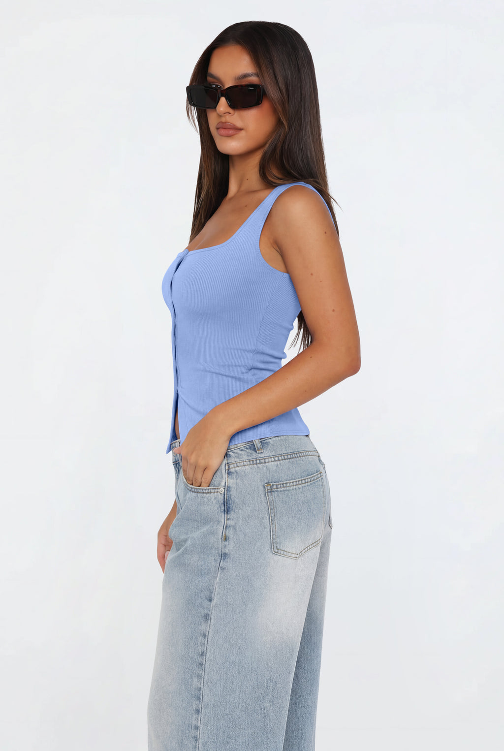 Cute Ribbed Button Down Square Neck Vest Tank Top