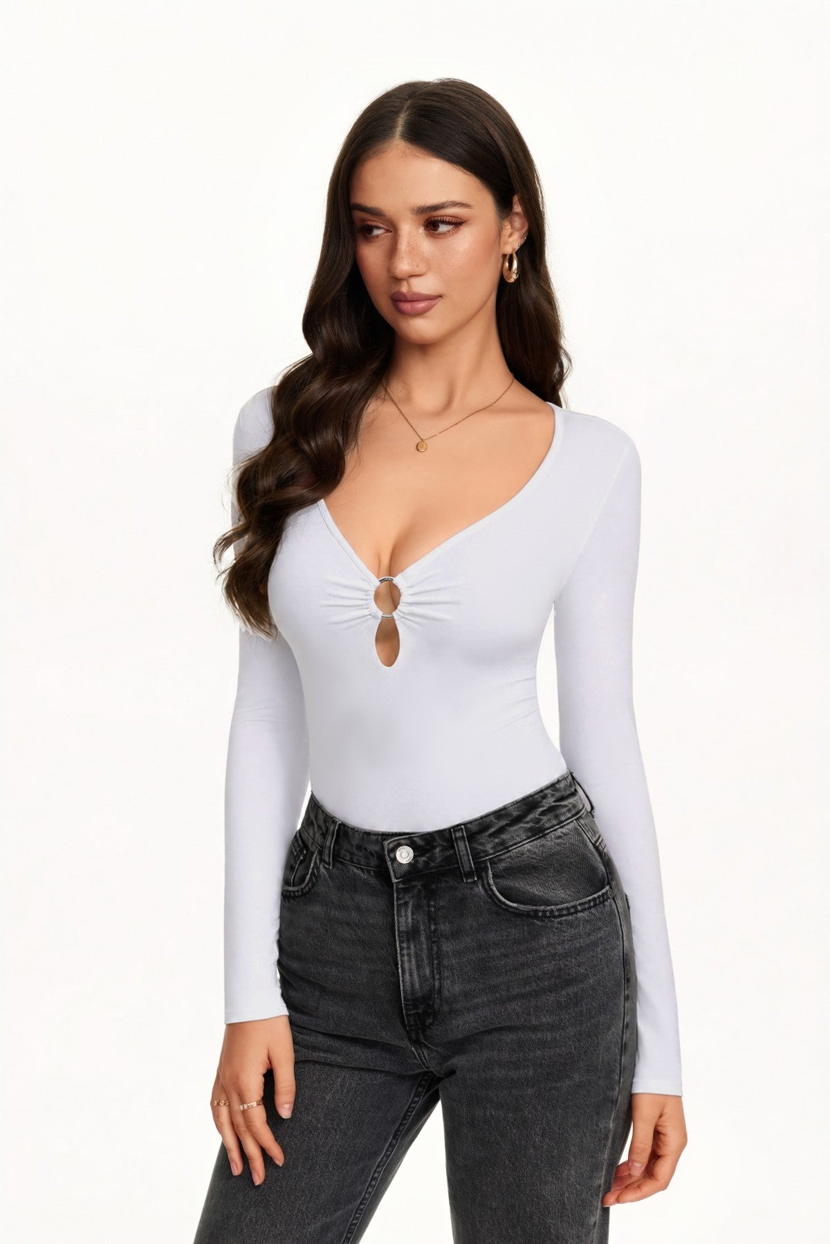 Deep V Neck Long Sleeve Cutout Bodysuit with O-Ring