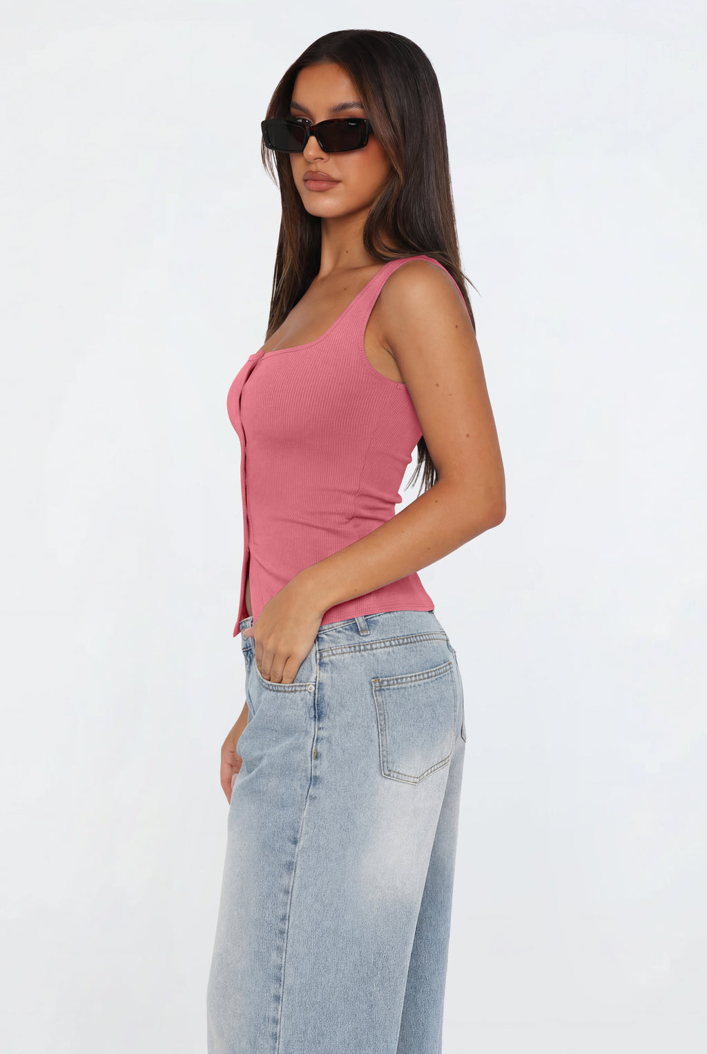 Cute Ribbed Button Down Square Neck Vest Tank Top