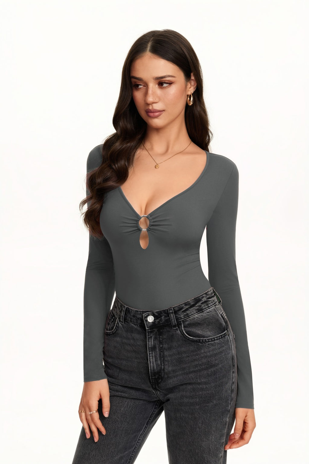 Deep V Neck Long Sleeve Cutout Bodysuit with O-Ring