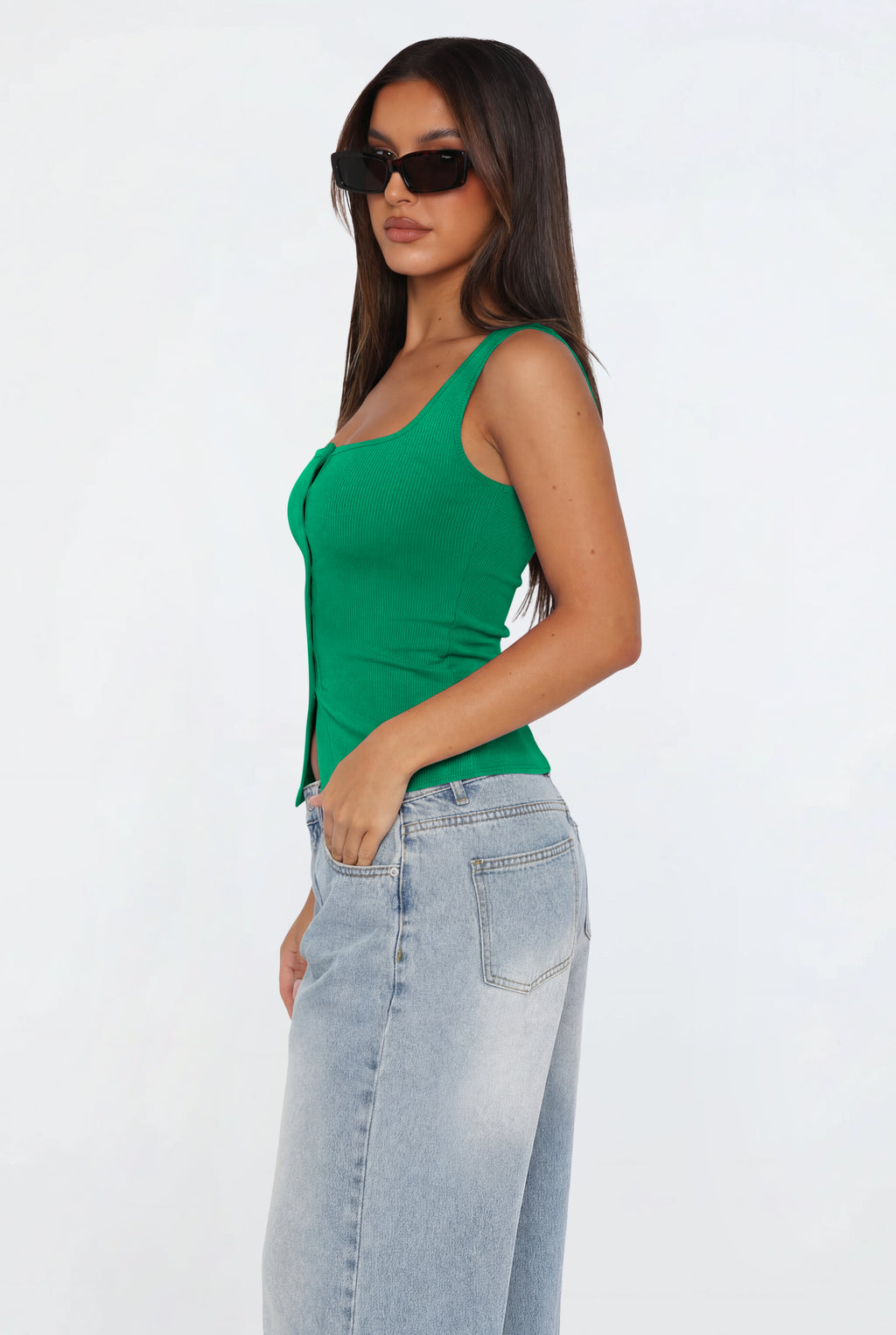Cute Ribbed Button Down Square Neck Vest Tank Top