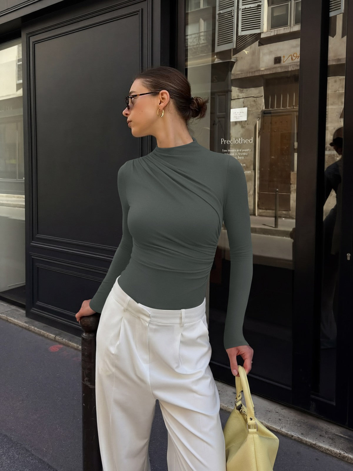 Ruched Basic Layering Mock Neck Slim Fit Bodysuit