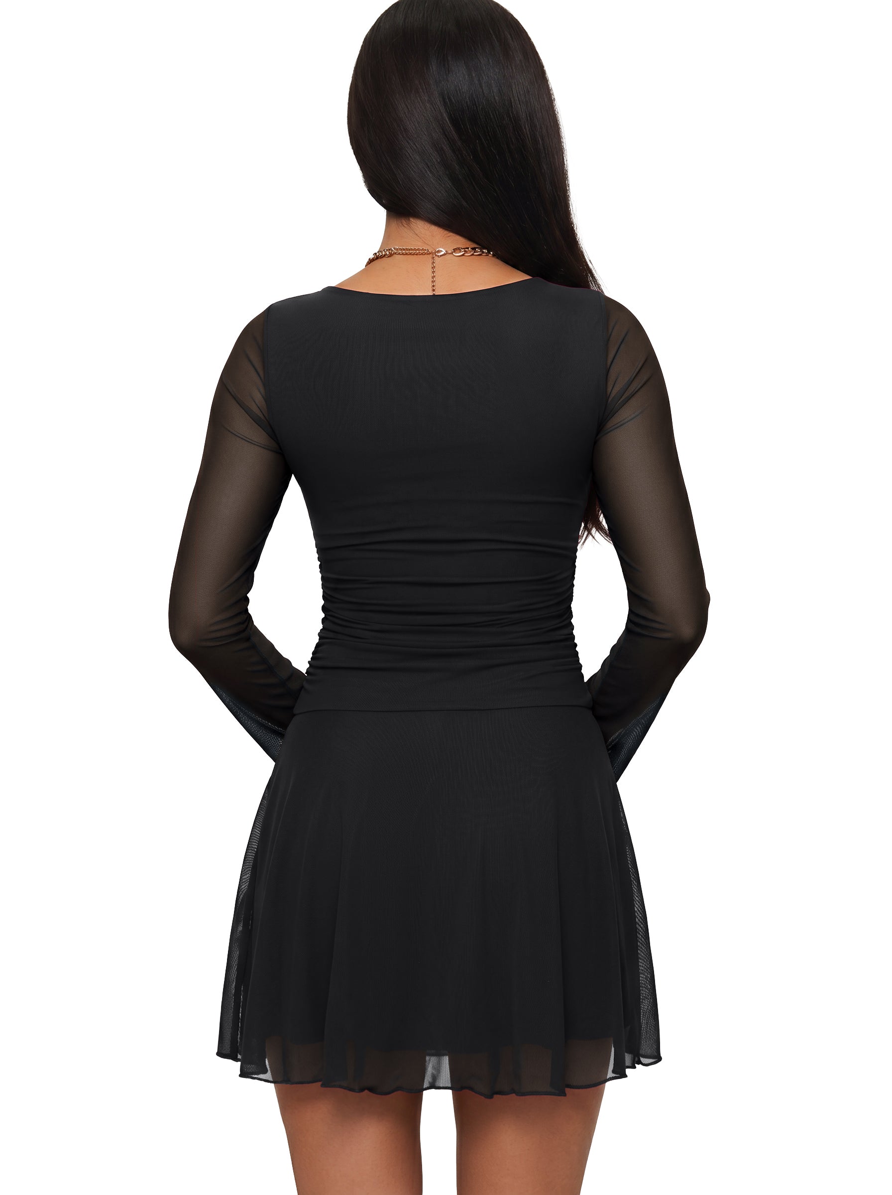 Women's Sheer Mesh Long Sleeve Mini Dress with Ruched Drop Waist