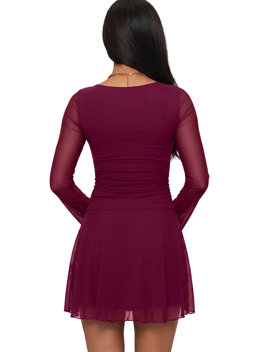 Women's Sheer Mesh Long Sleeve Mini Dress with Ruched Drop Waist