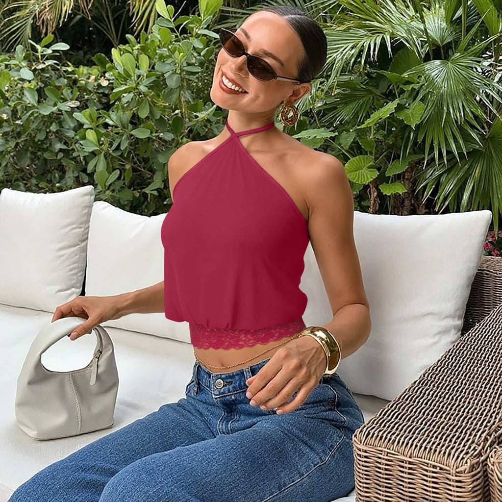 REORIA Backless Halter Lace Trim Crop Tank Top