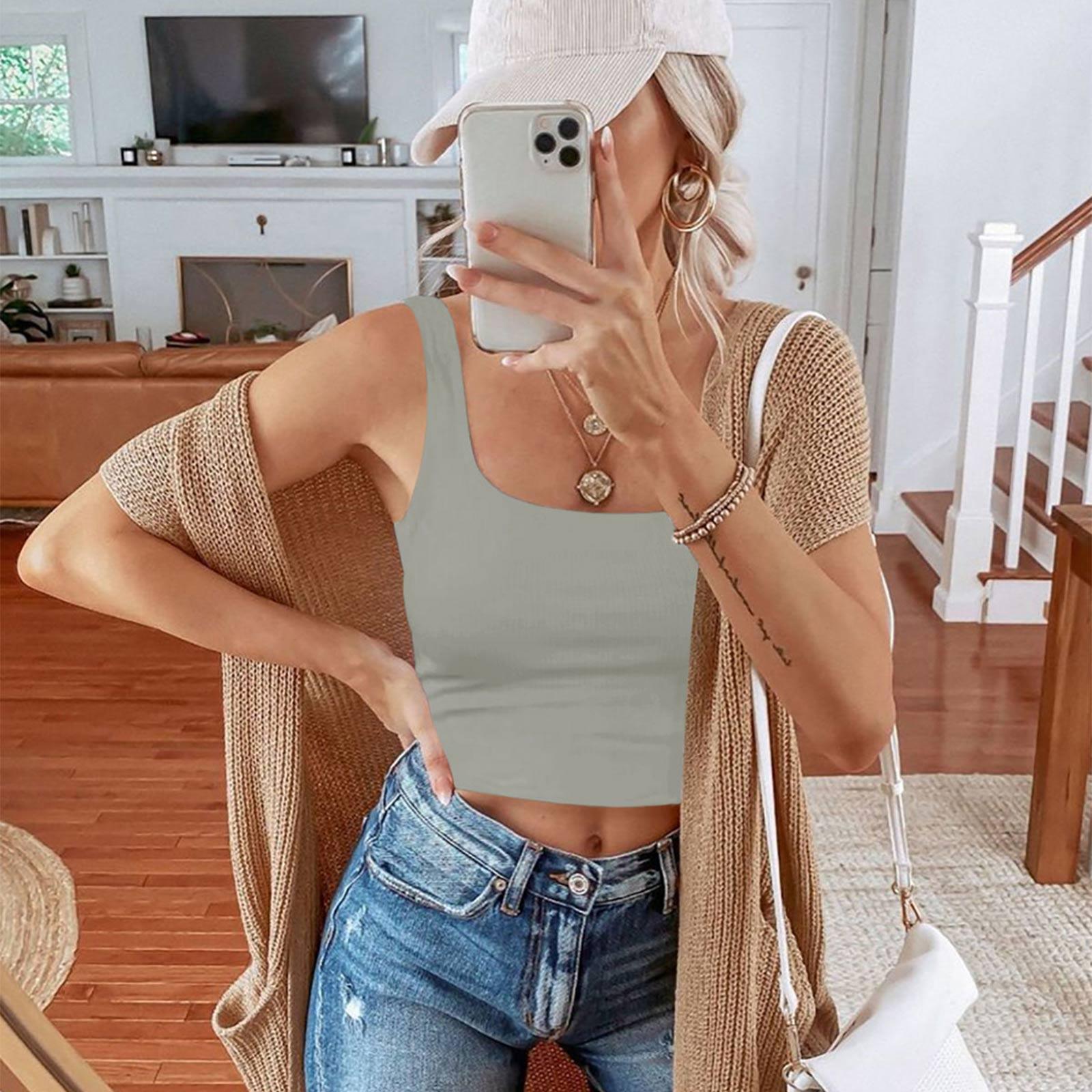 Square Neck Seamless Sleeveless Crop Tops - REORIA