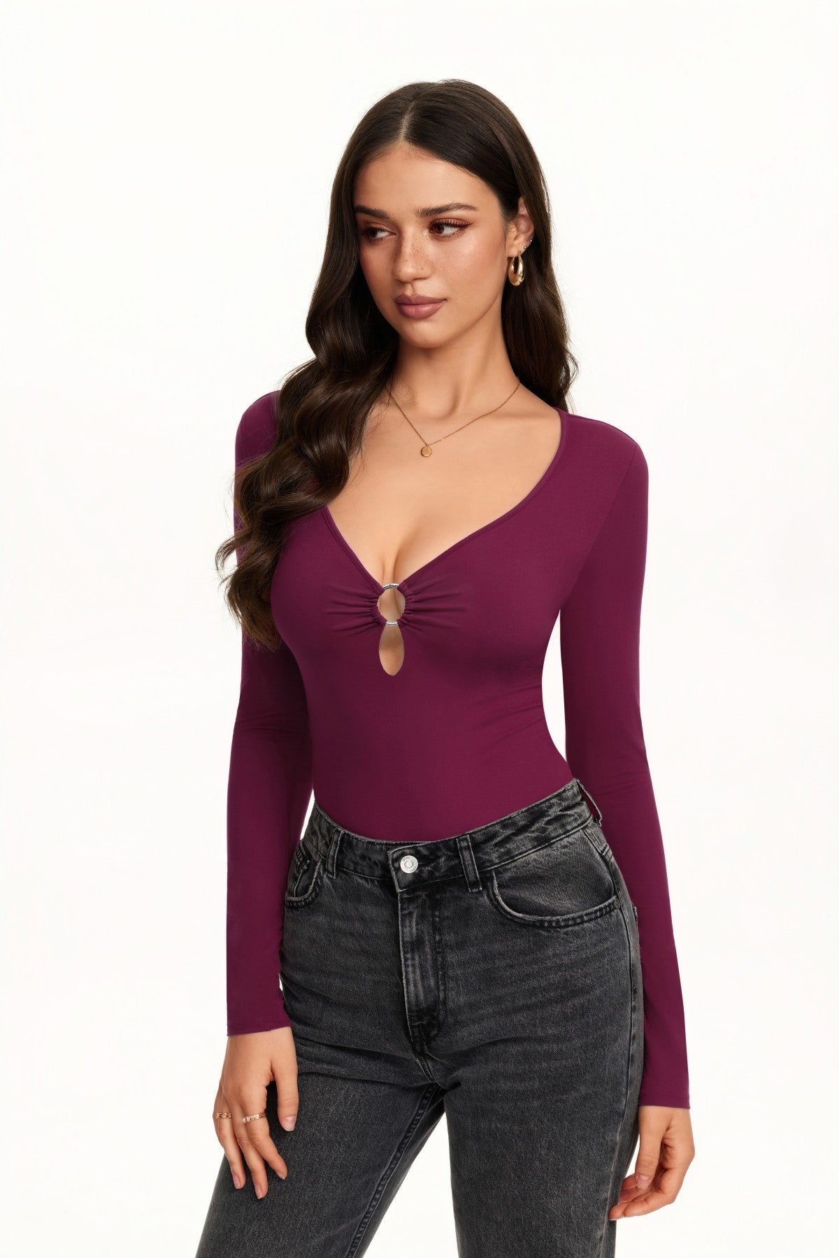 Deep V Neck Long Sleeve Cutout Bodysuit with O-Ring
