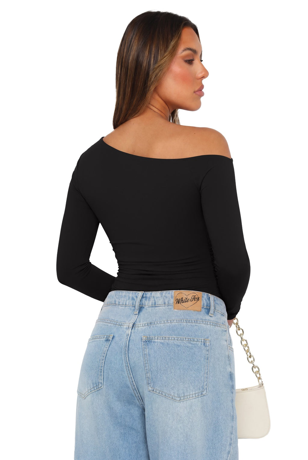 Off the Shoulder Long Sleeve Side Ruched Bodysuit