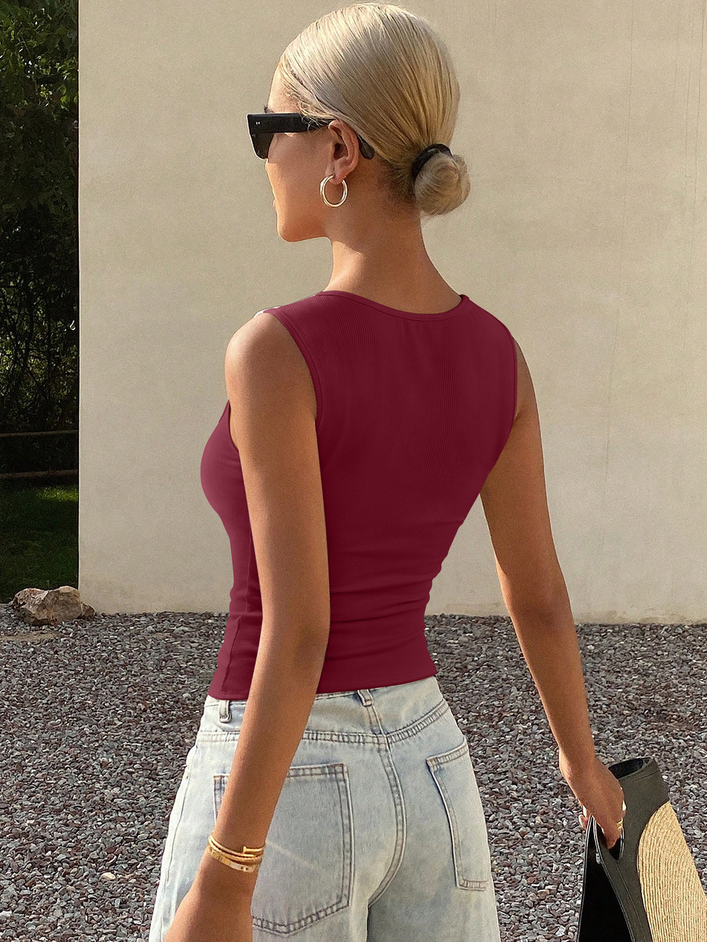 Cute Ribbed Button Down Square Neck Vest Tank Top