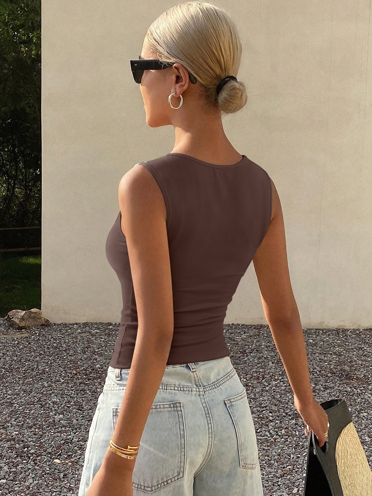 Cute Ribbed Button Down Square Neck Vest Tank Top