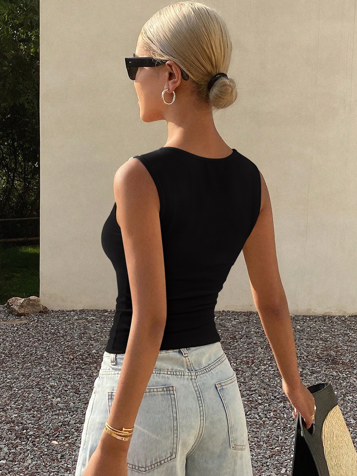 Cute Ribbed Button Down Square Neck Vest Tank Top