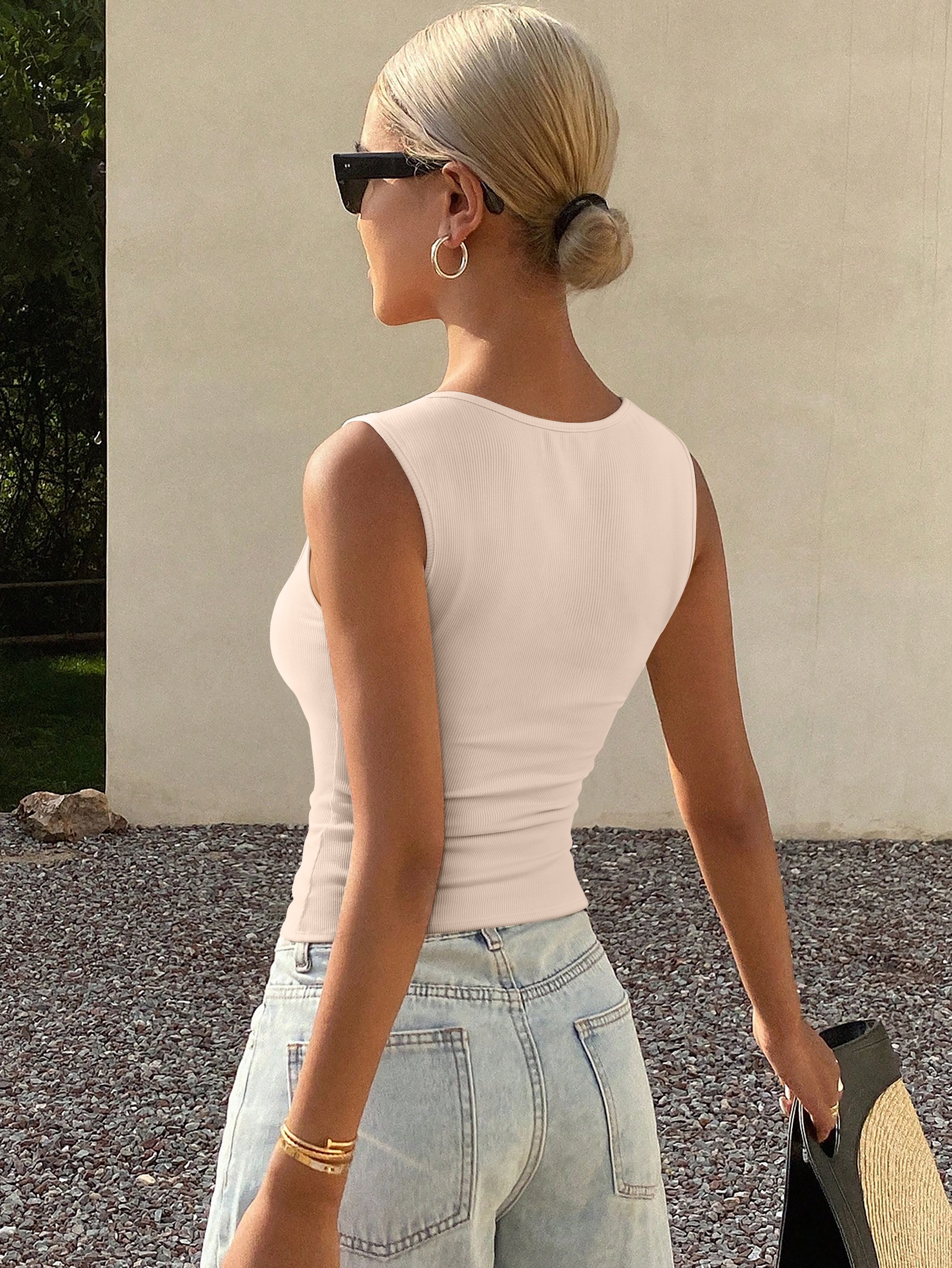 Cute Ribbed Button Down Square Neck Vest Tank Top