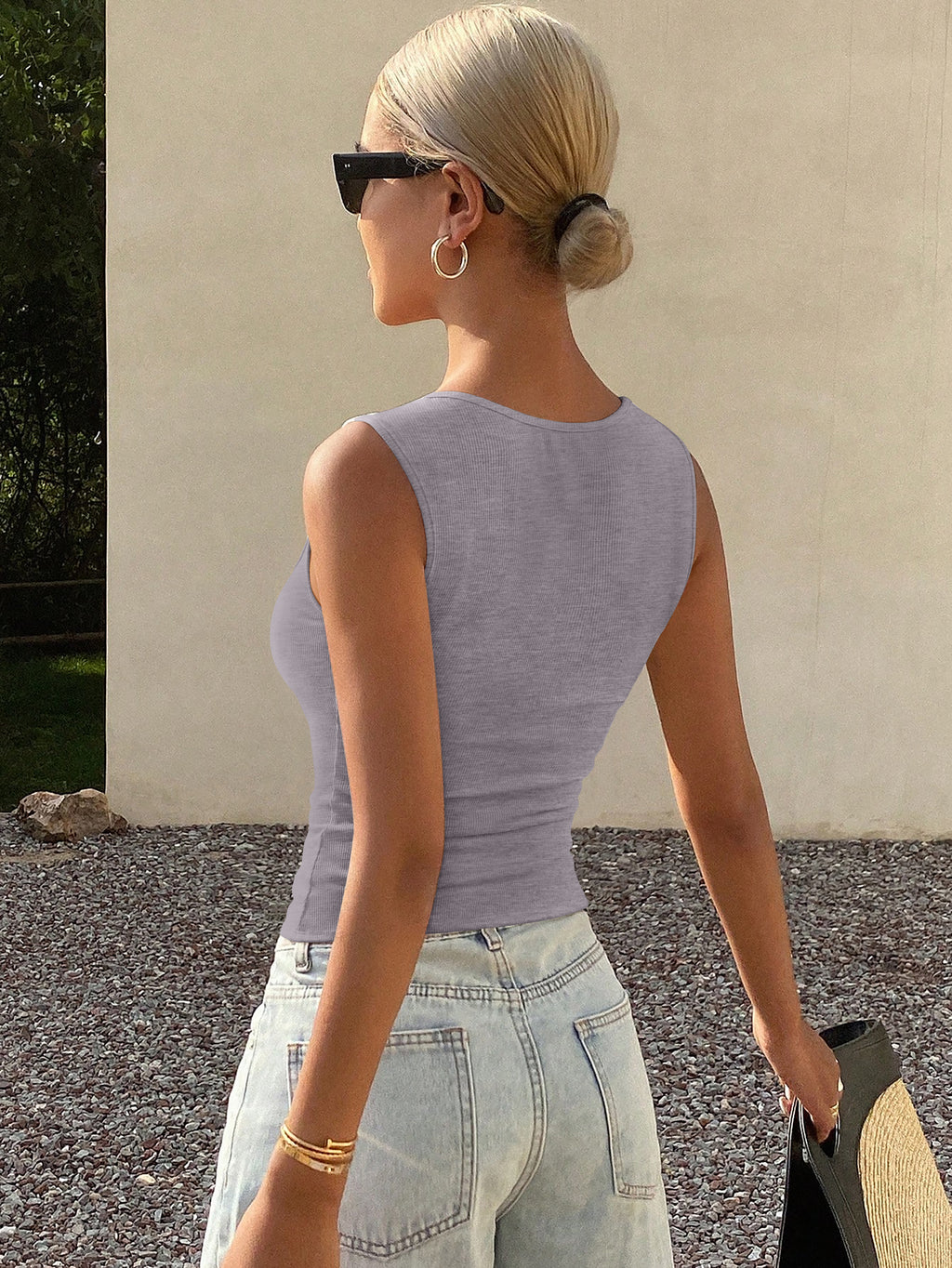 Cute Ribbed Button Down Square Neck Vest Tank Top