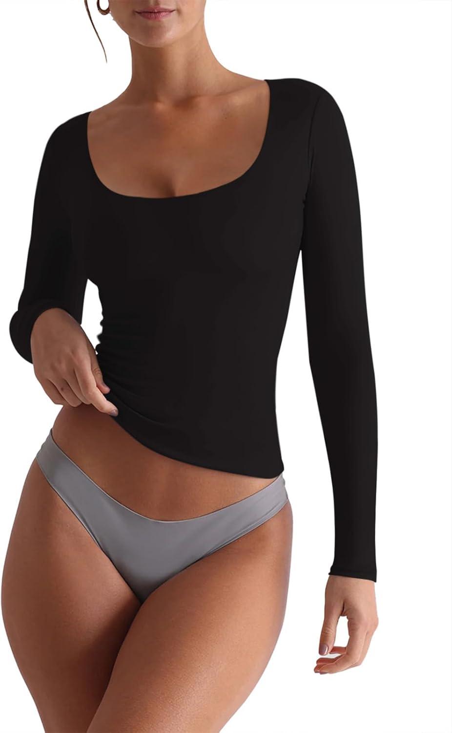 Square Neck Long Sleeve Shirts Double Lined Tops Tight Shirts - REORIA