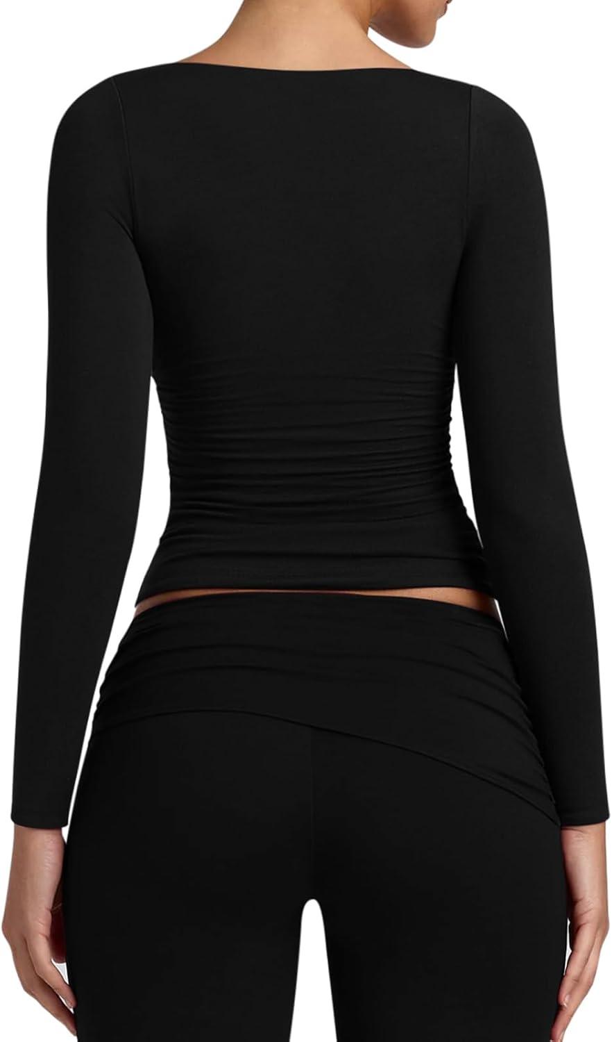 V Neck Long Sleeve Slim Fitted Side Ruched Trendy Y2K Going Out Crop Top - REORIA