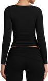 V Neck Long Sleeve Slim Fitted Side Ruched Trendy Y2K Going Out Crop Top - REORIA