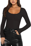 Square Neck Long Sleeve Shirts Double Lined Tops Tight Shirts - REORIA
