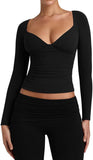 V Neck Long Sleeve Slim Fitted Side Ruched Trendy Y2K Going Out Crop Top - REORIA