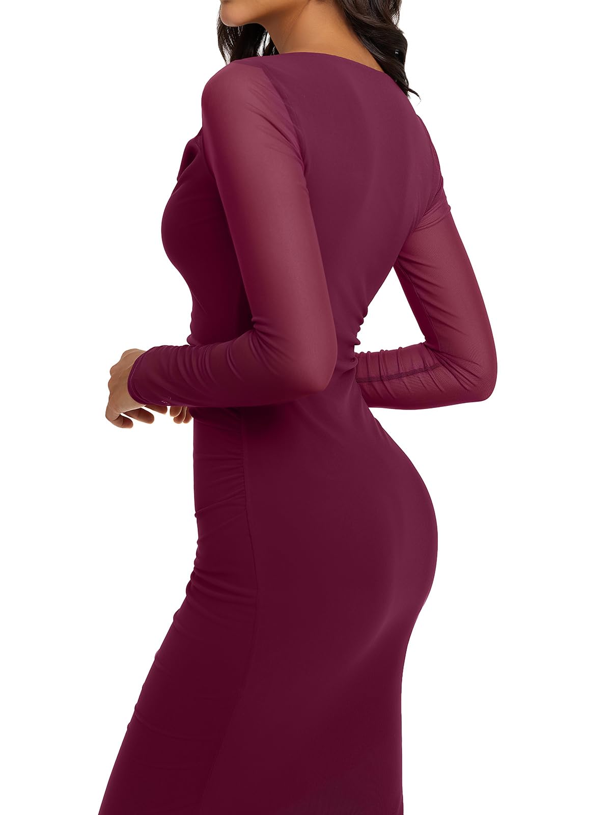 Cowl Neck Sheer Mesh Long Sleeve Ruched Maxi Dress
