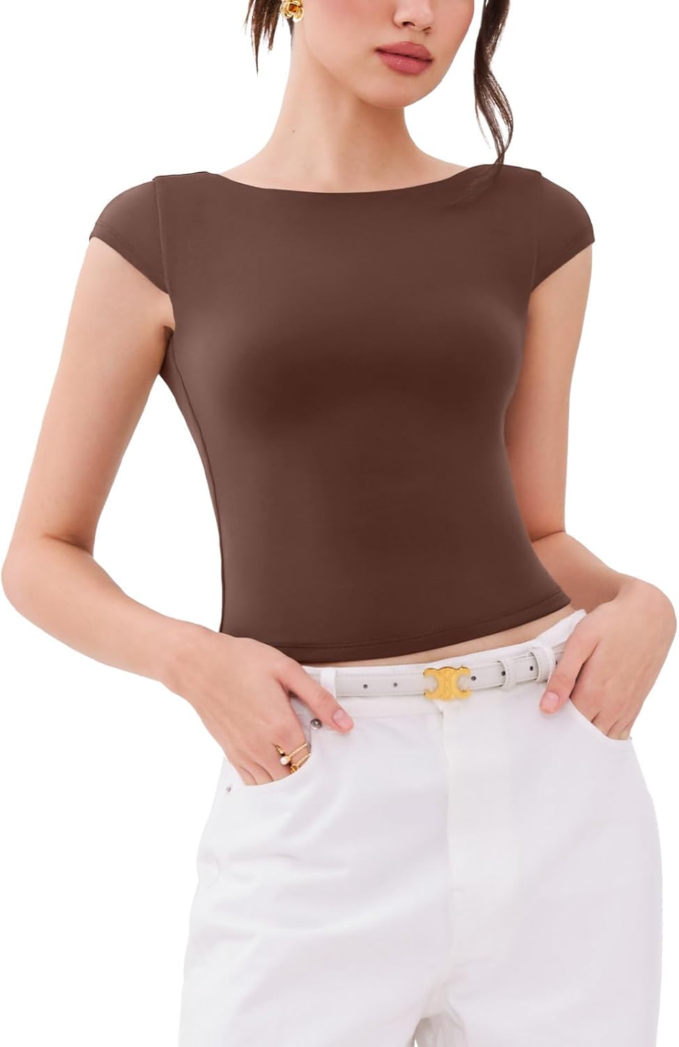 Backless Tie Boat Neck Short Sleeve T-Shirt